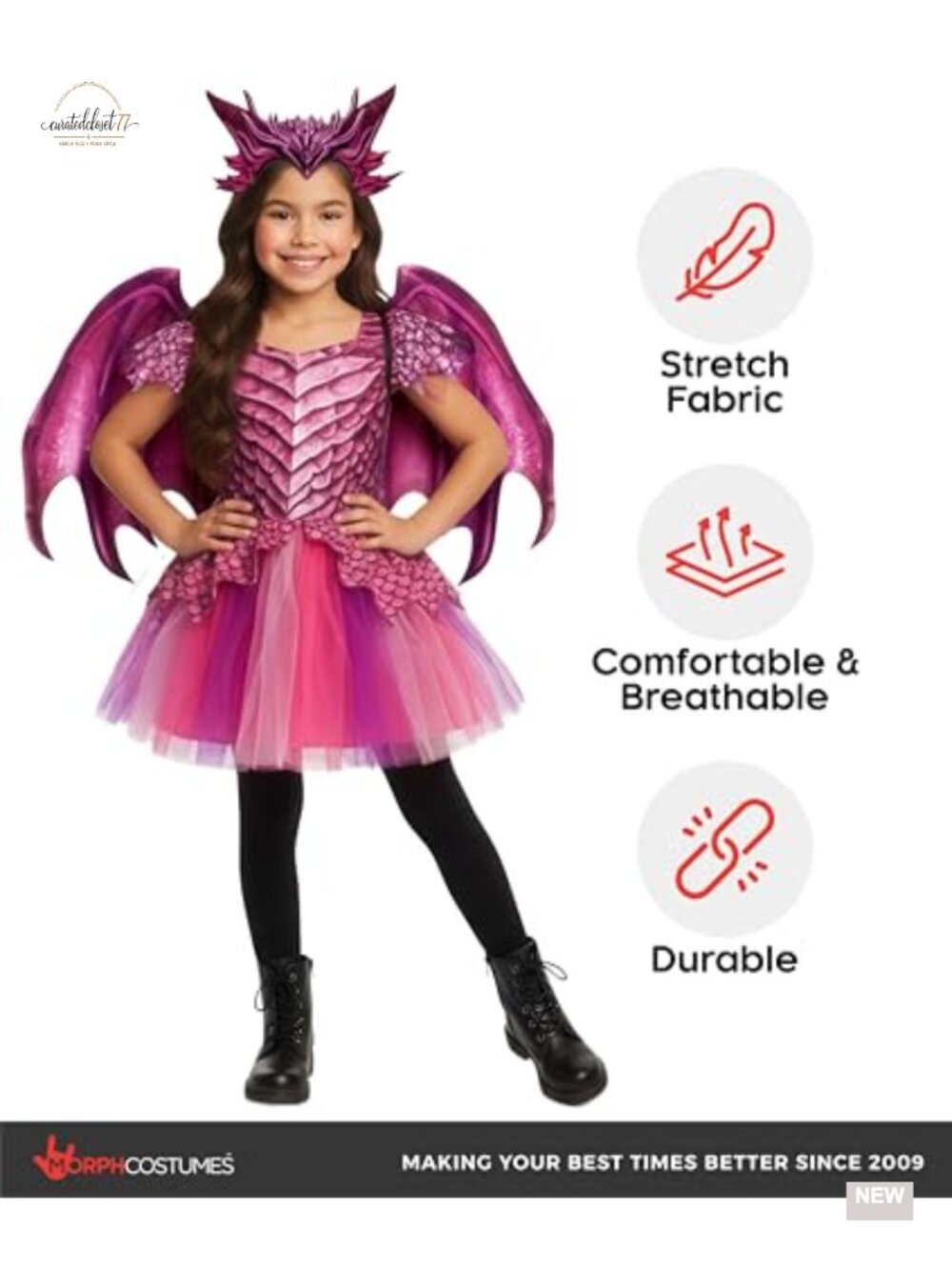 Girls Dragon Costume Kids Dress Wings Headband Halloween - Picture 3 of 6